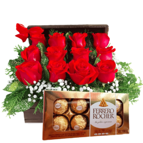 Cofre de rosas rojas con chocolates