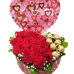 Hermoso Corazón de Rosas Rojas y Chocolates