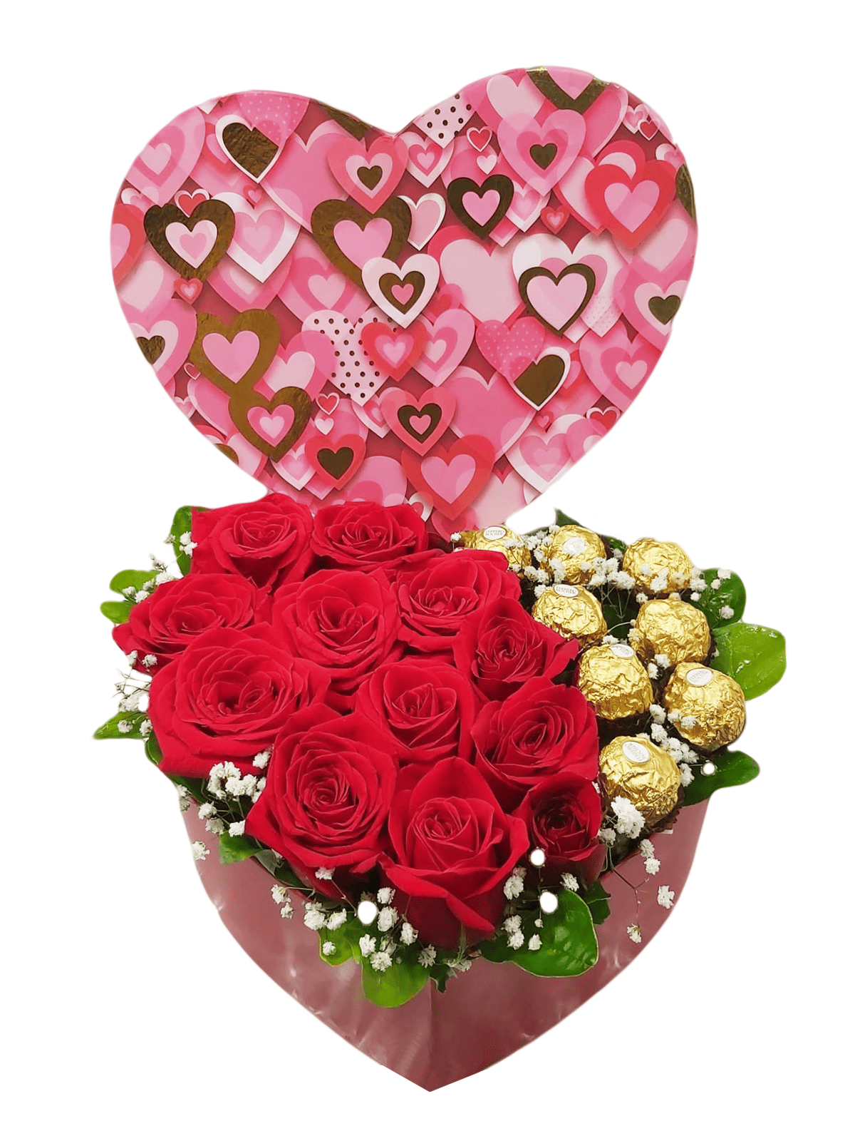 AAA-01 Hermoso Corazón de Rosas Rojas y Chocolates