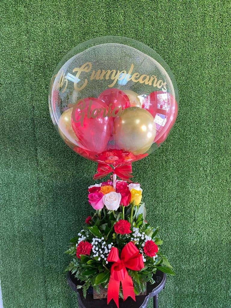 CU-19 Arreglo de rosas en colores con globo burbuja – ANY FLOWER SHOP