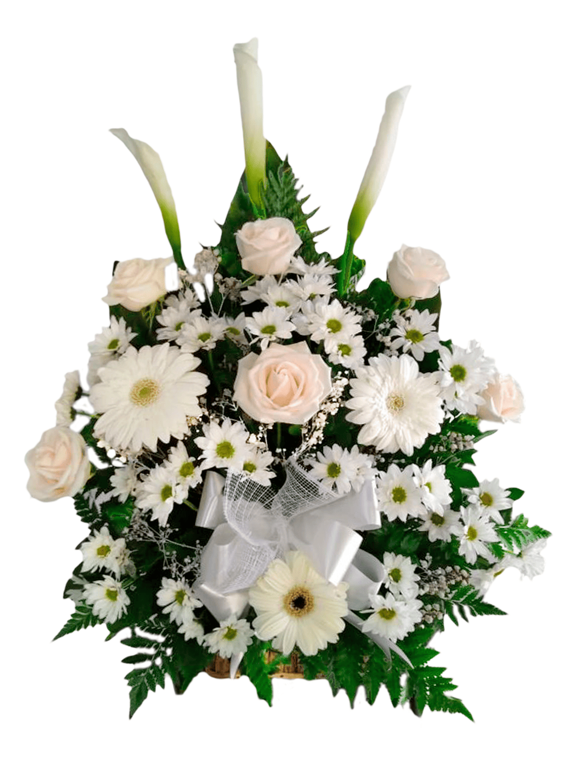 FUNEBRE-01 Arreglo de Flores Blancas (Rosas, Gerberas y Cala)