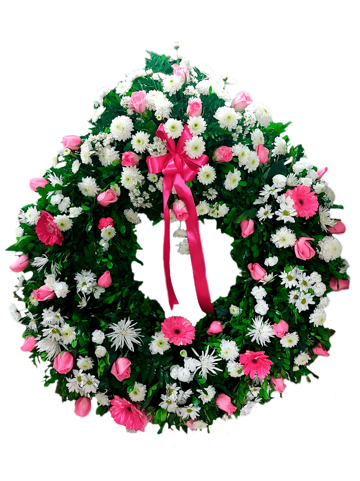 CF-04 Corona Fúnebre Blanca y Rosada (Rosas, Gerberas y Crisantemos)