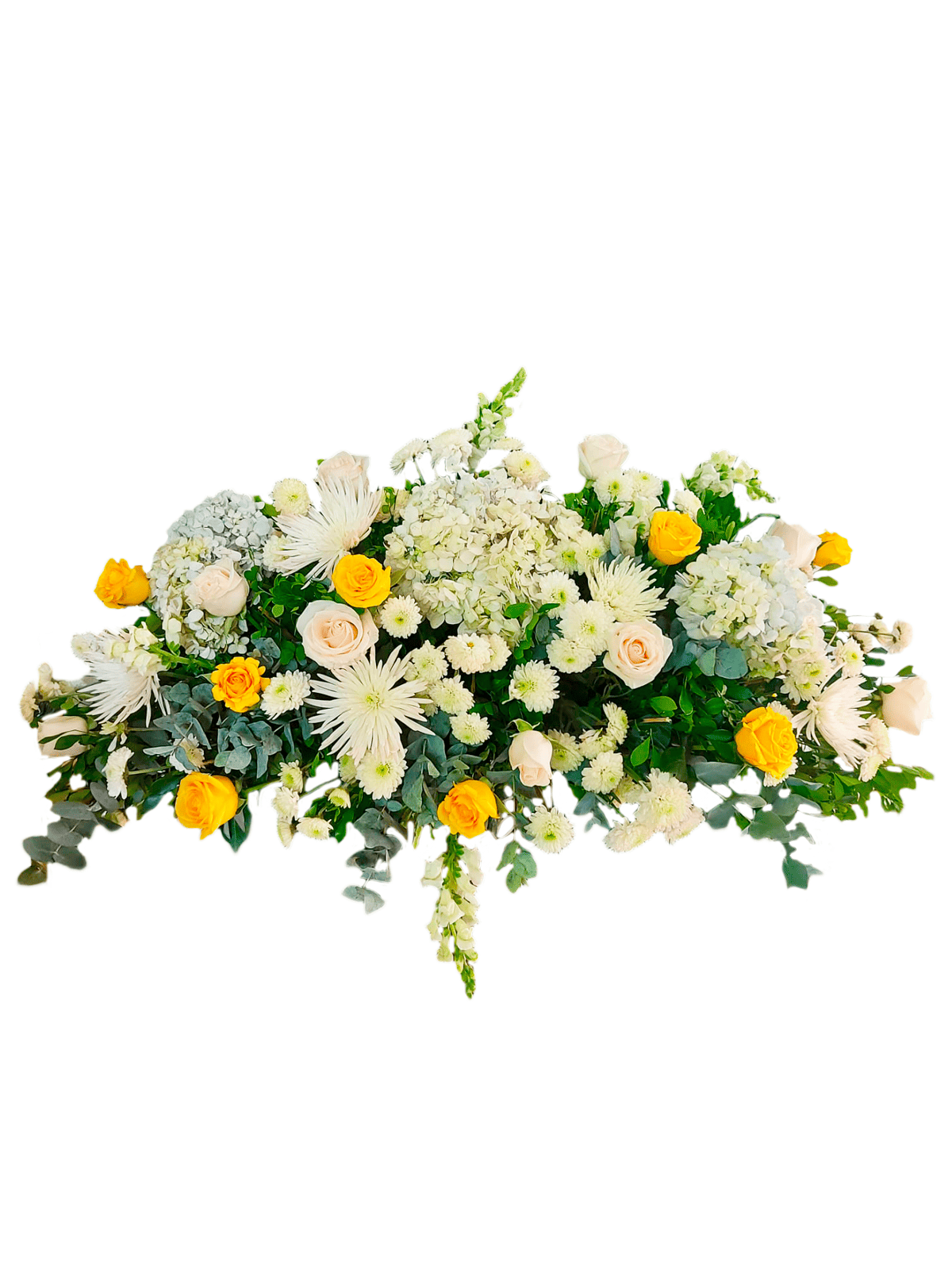 FUNEBRE 06- Palma Funebre (Rosas Amarillas y Blancas, Hortencias y Fuji)