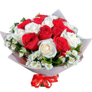 Ramo de 24 rosas blancas y rojas con complemento blanco