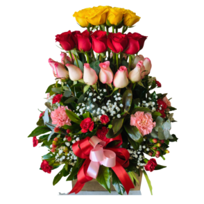 Arreglo Floral de Rosas Tricolor en Base de Madera